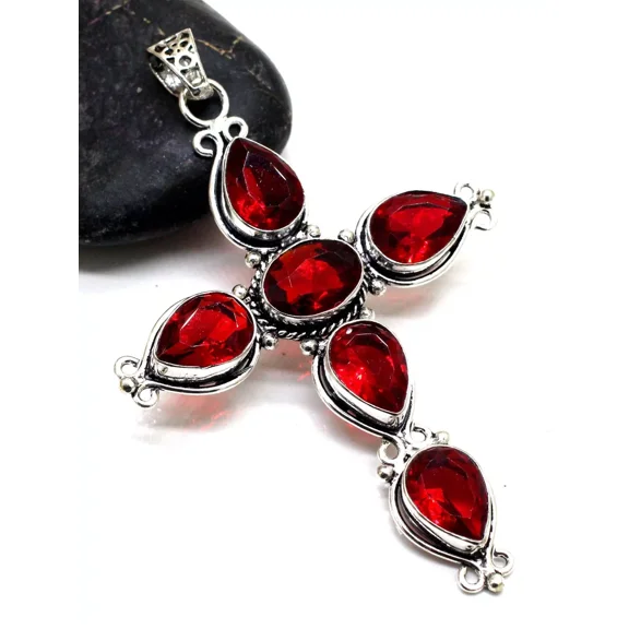 925 Sterling Silver Mozambique Garnet Gemstone Jewelry Cross Pendant Size-3"