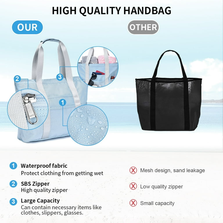Vbiger Beach Bag Mesh Tote Bag w 8 Compartments Large Pool Tote Bag w Inner Zipper Closure for Valuables