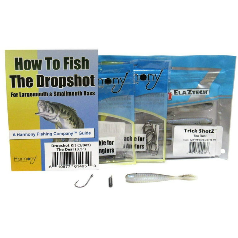Harmony Dropshot Bass Fishing Kit 1/8oz Tungsten Dropshot Weights 6pk + Razor Series Dropshot Hooks 10pk + Z-Man Trick Shotz 3.5 inch, The Deal, 6pk +