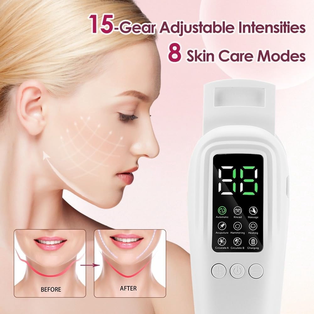 Vitala V Line Lifting Device and Double Chin Reducer, Electric Facial Massager with 8 Modes and 15 Intensities for V Face Contouring (1 Count, White)