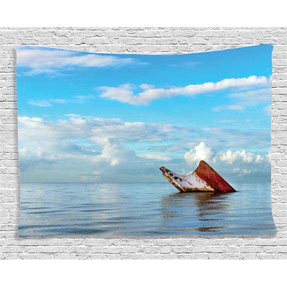 Ocean Decor Tapestry, Sunken Ship on Surface of Freshening Sea View with Cloudy Weather Nobody Print, Wall Hanging for Bedroom Living Room Dorm Decor, 80W X 60L Inches, Blue White, by Ambesonne
