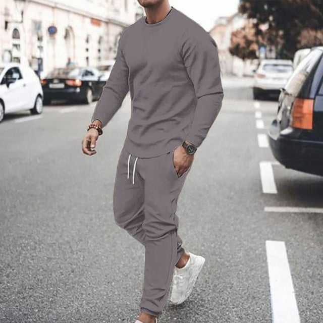 DPTALR Men Casual Solid Round Neck Pullover Sports Suit Long Sleeve Trousers Two-Piece Tracksuit