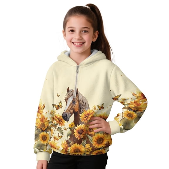 Pzuqiu Sunflower Horse Hoodie Sweatshirt for Girls 4-5 Fashion Fuzzy Fall Winter Clothes Warm Comfortable Long Sleeve Hoodies Kids Stretchy Unique Design for Outdoor Activities