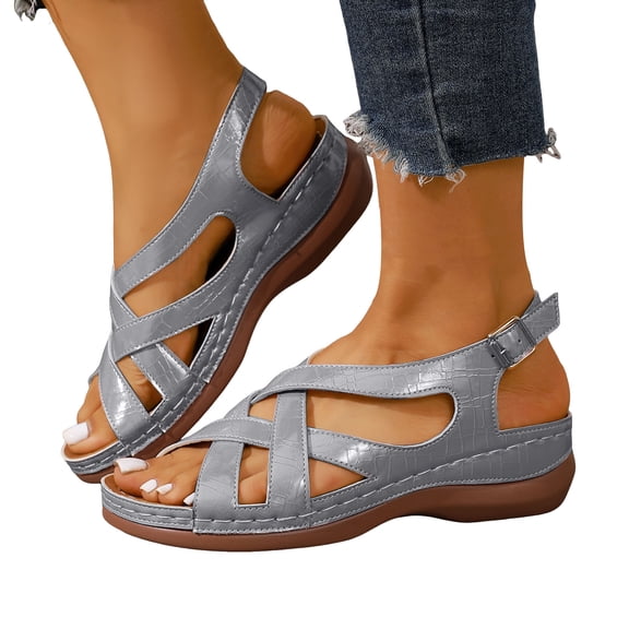 Gladiator Sandals for Women Open Toe Platform Low Wedge Orthopedic Walking Shoes Crooss Strappy Slingback Beach Shoes Silver Size 8.5