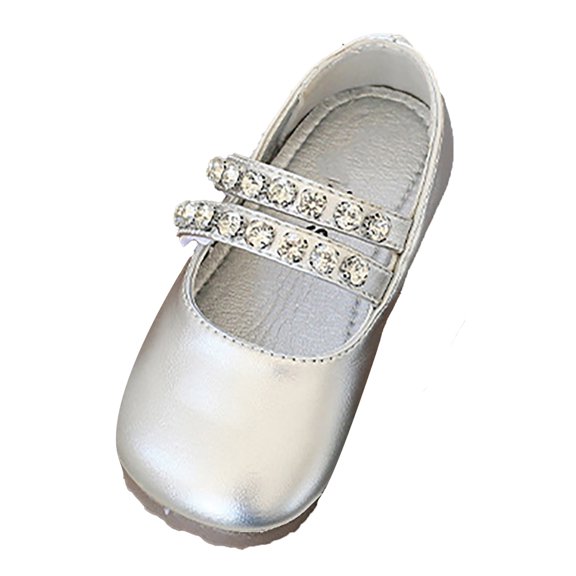 GiLiling Girls Mary Jane Dress Flats, Rhinestone Double Strap PU Upper, Lightweight Comfortable Princess Ballet Flats (Silver, 3.5-4 Years)
