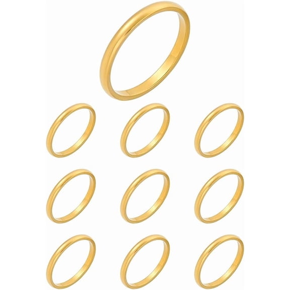10Pcs US Size 7 1/4 Golden Polished Plain Dome Finger Rings 2mm Wide 304 Stainless Steel Classical Plain Rings Minimalist Stackable Thin Finger Rings for Women Men Jewelry Gift Gold
