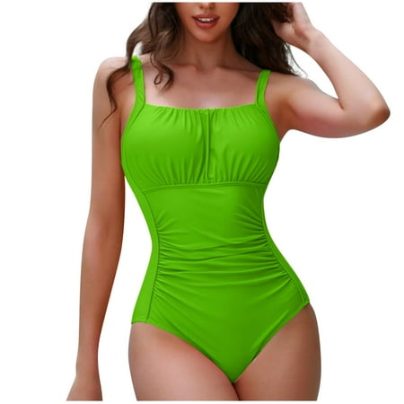 Virmaxy Women s Solid Color One-piece Swimsuit Without Steel Sexy Backless Strappy Tankini Camisole Waist Cinching Swimwear With Bra Padded for Pool Party Vacation Green-1 L