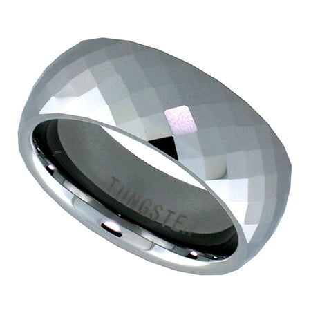 8mm Tungsten 900 Wedding Ring Faceted Dome Fine Diamond Pattern Comfort fit, sizes 5 to 14