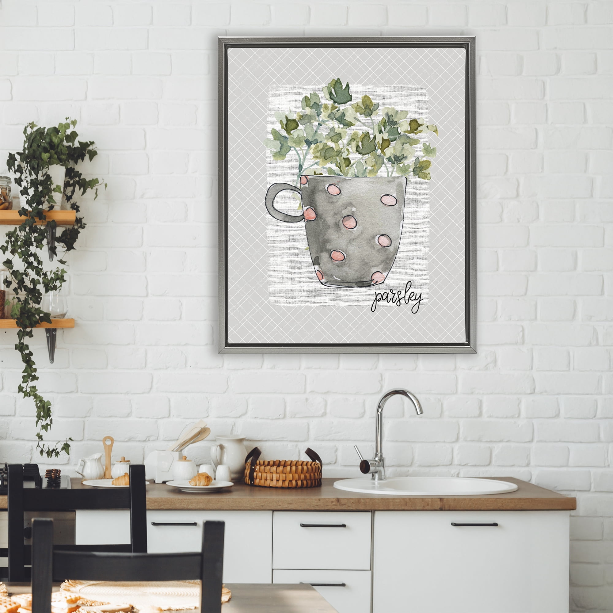Stupell Industries Parsley Herb Mug Gray Framed Floater Canvas Wall Art, design by Livi Finn