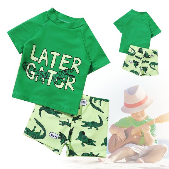 Trendfront Boys 2 Piece Swimsuit Set Alligator Pattern Printed Short Sleeve Top Shorts Swimwear Summer Beach Outfits