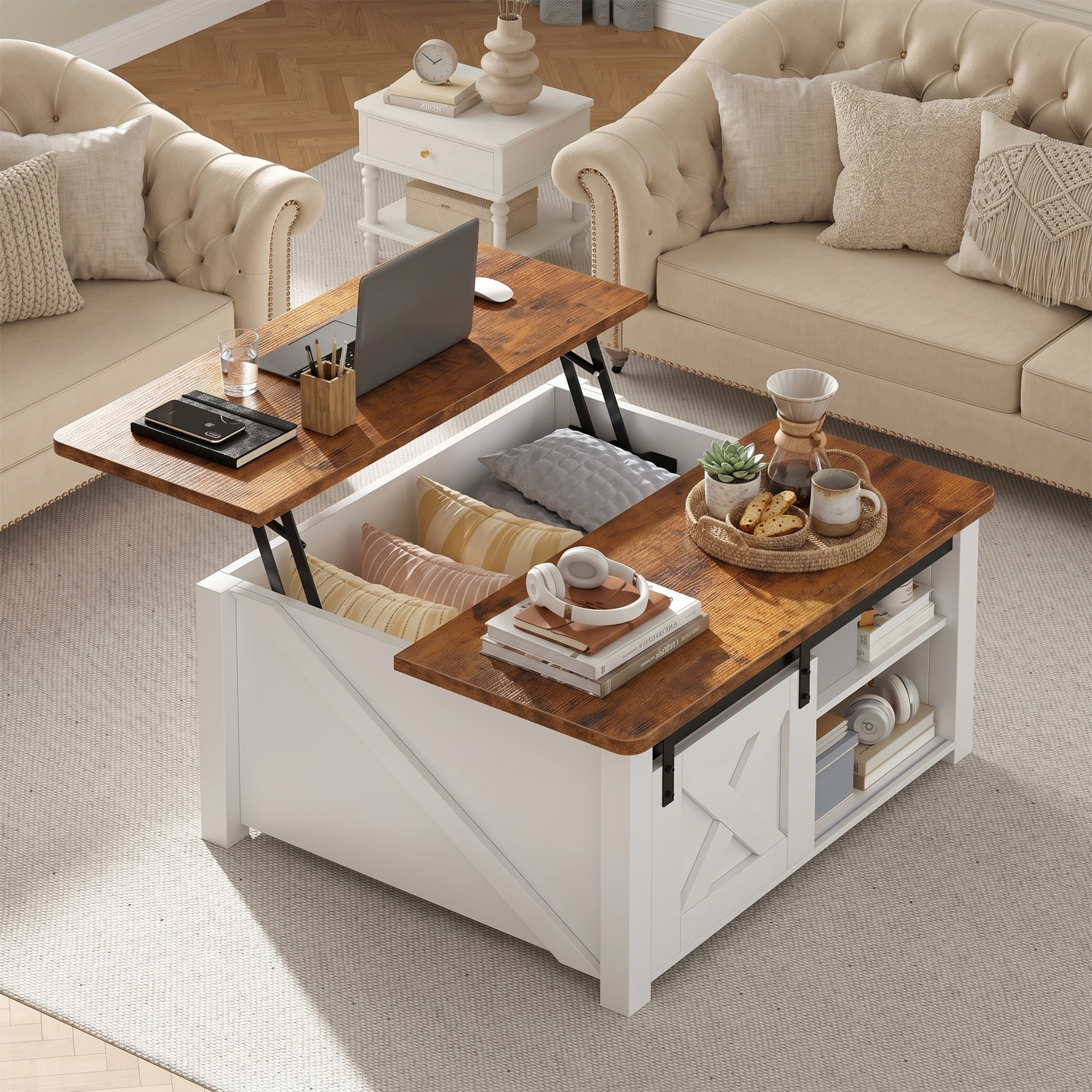 EDX Modern Lift Top Coffee Table with Hidden Storage & Adjustable Shelves, Square Farmhouse Center Table for Living Room, White