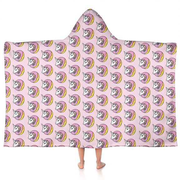 Pink Cartoon Unicorn Donut Pattern Hooded Bath Towel,50"x30" for Ages 3 To 12 Kids, Quick Dry Lightweight Soft Microfiber Hood Beach Towel Cover Up for Kids