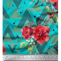 Soimoi Green Cotton Duck Fabric Geometric,Leaves & Begonia Floral Print Sewing Fabric Yard 42 Inch Wide