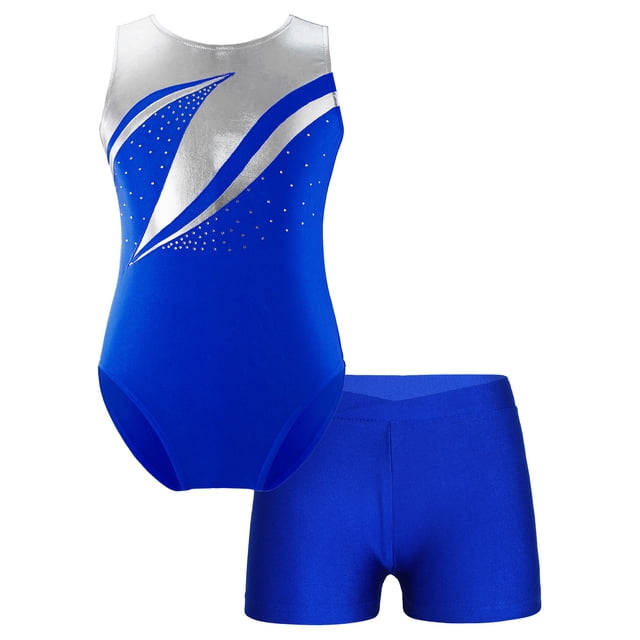 MSemis Ensemble de Danse Sans Manches Métallique Scintillant pour Filles, Justaucorps avec Short, Bleu Royal 8