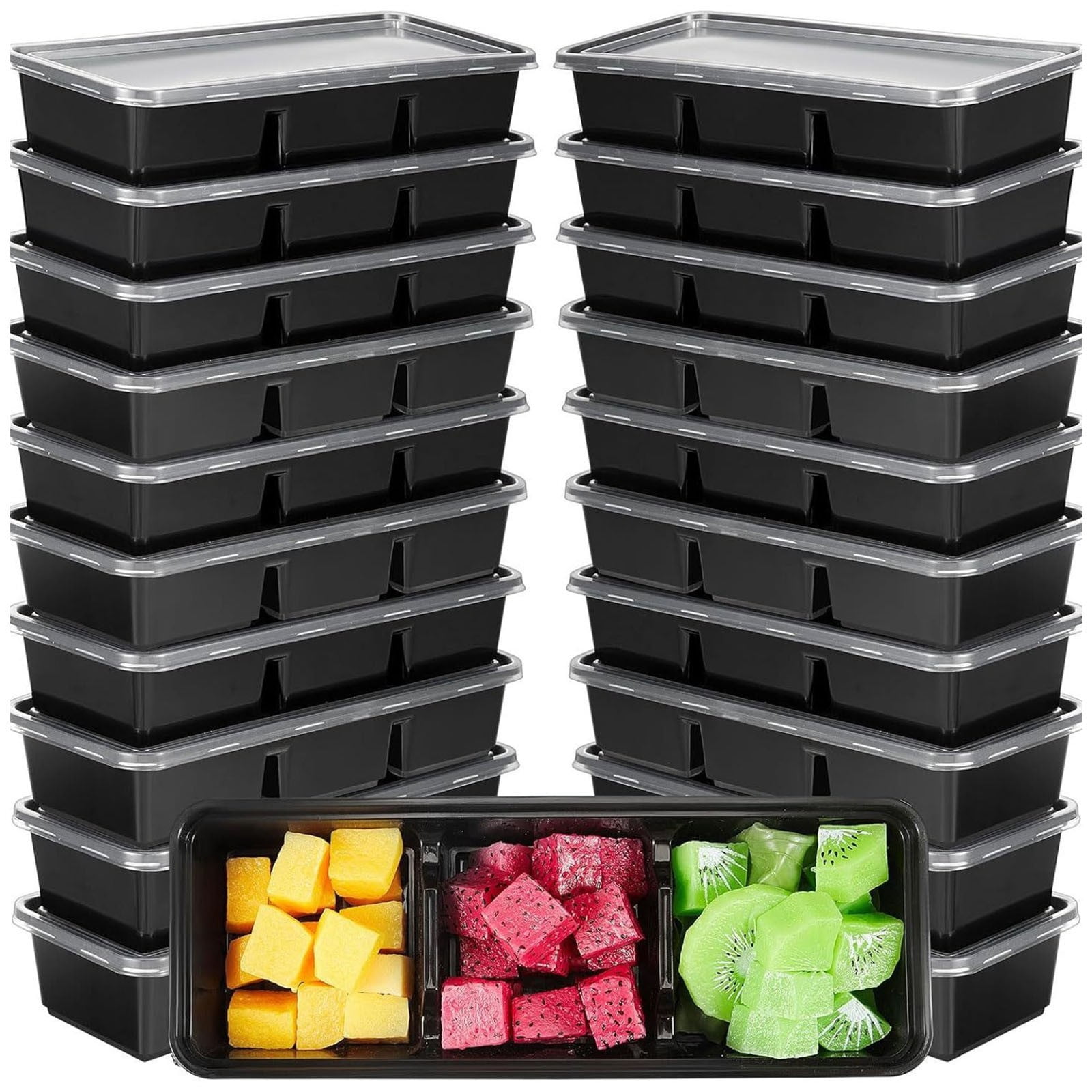 25 Pack 17 oz Small Meal Prep Containers with 3 Compartments Snack Containers with Lid Disposable Plastic Bento Box Travel Lunch Food Boxes Stackable for Office Picnic,Clear,8.8x3.3"