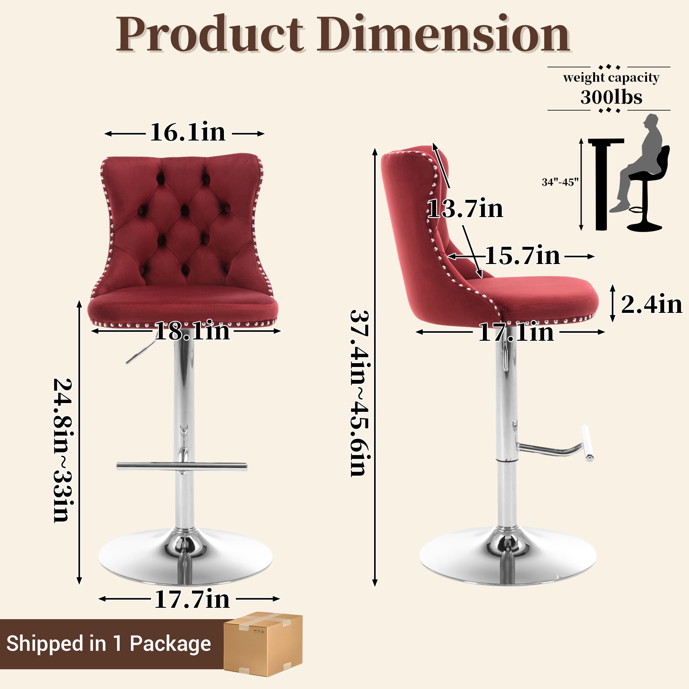 Swivel Bar Stools of 2, LegaHome Velvet Counter Height Barstools, 25-33 Inch Adjustable Height Bar Stools for Kitchen Counter, Modern Upholstered Kitchen Island Chairs, 300lbs Capacity, Burgundy