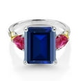 thumbnail image 3 of Gem Stone King 925 Silver and 10K Yellow Gold Blue Simulated Sapphire Red Created Ruby and Diamond 3 Stone Ring for Women (7.58 Cttw, Gemstone Birthstone, Emerald Cut 12X10MM, Size 6), 3 of 6