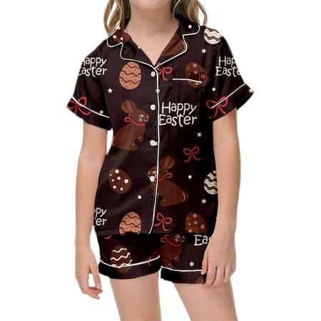 XFHLMJFF Fashion Easter Pajamas Set Girls Bunny Print Satin Silk Button Down Short Sleeve Shirts Shorts Pants Sleepwear 8-9Y
