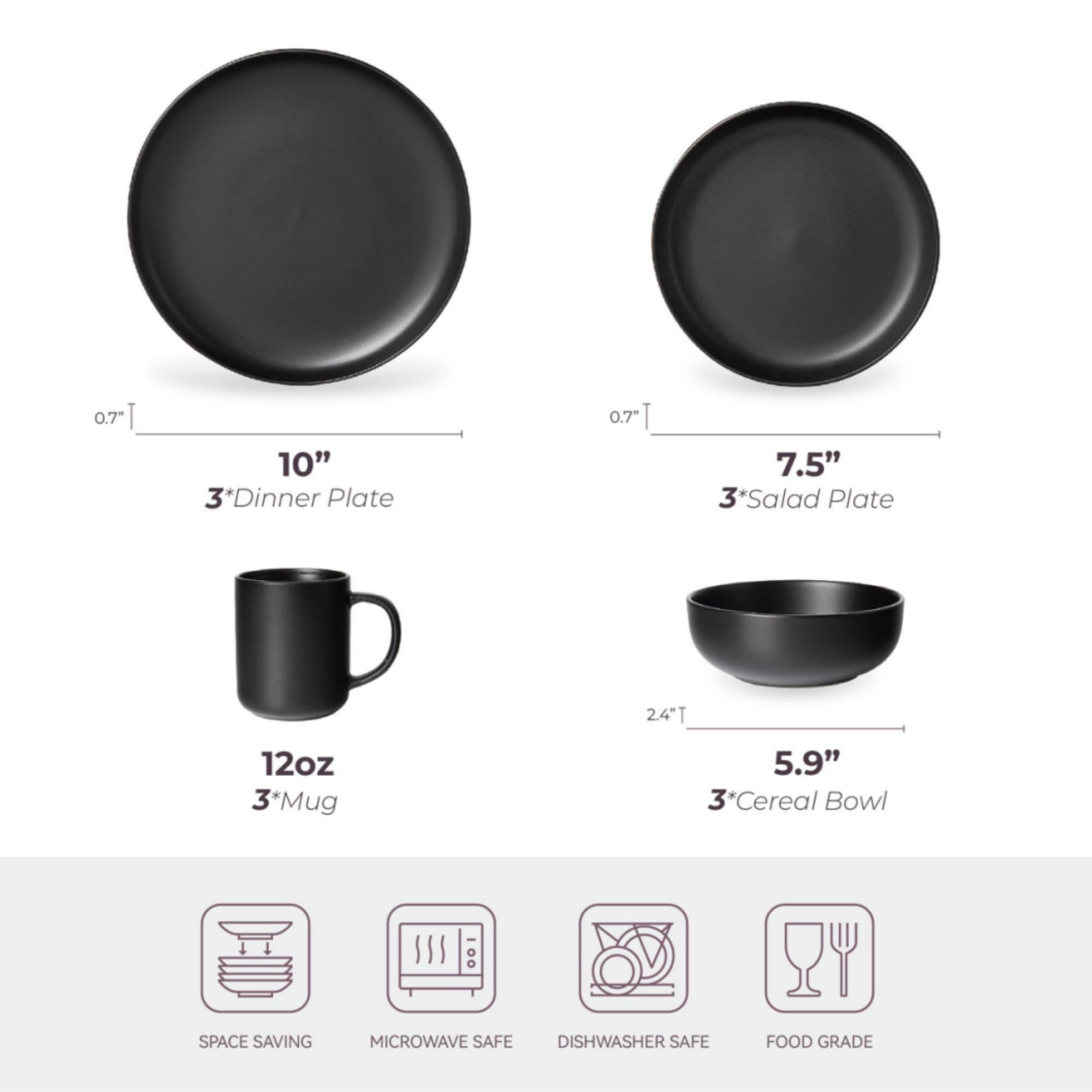 GARITIN 12-Piece Stoneware Dinnerware Set with Mugs, Microwave Dishwasher Safe Chip Resistant Dinner Plates Salad Plates Cereal Bowls, Stackable Matte Glaze Kitchenware Service for 3, Black