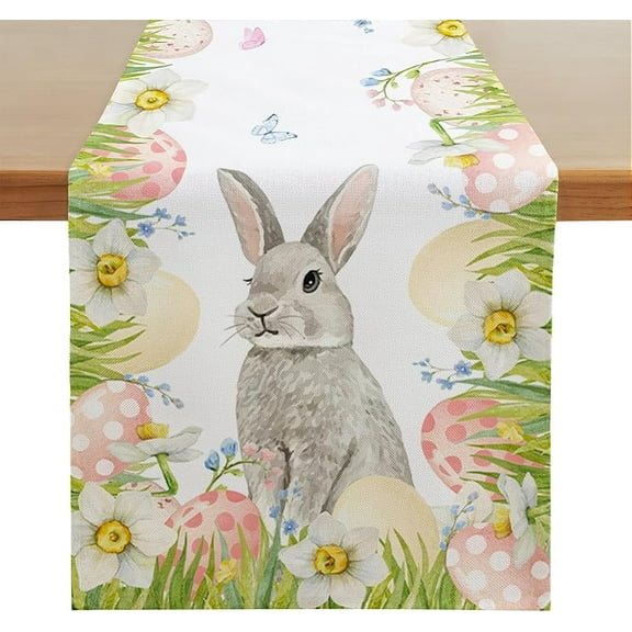 Easter Bunny Table Runner, Spring Rabbit Egg Flowers Floral Table Decor, Seasonal Holiday Home Party Decoration for Indoor & Outdoor Use, 13x72 Inch