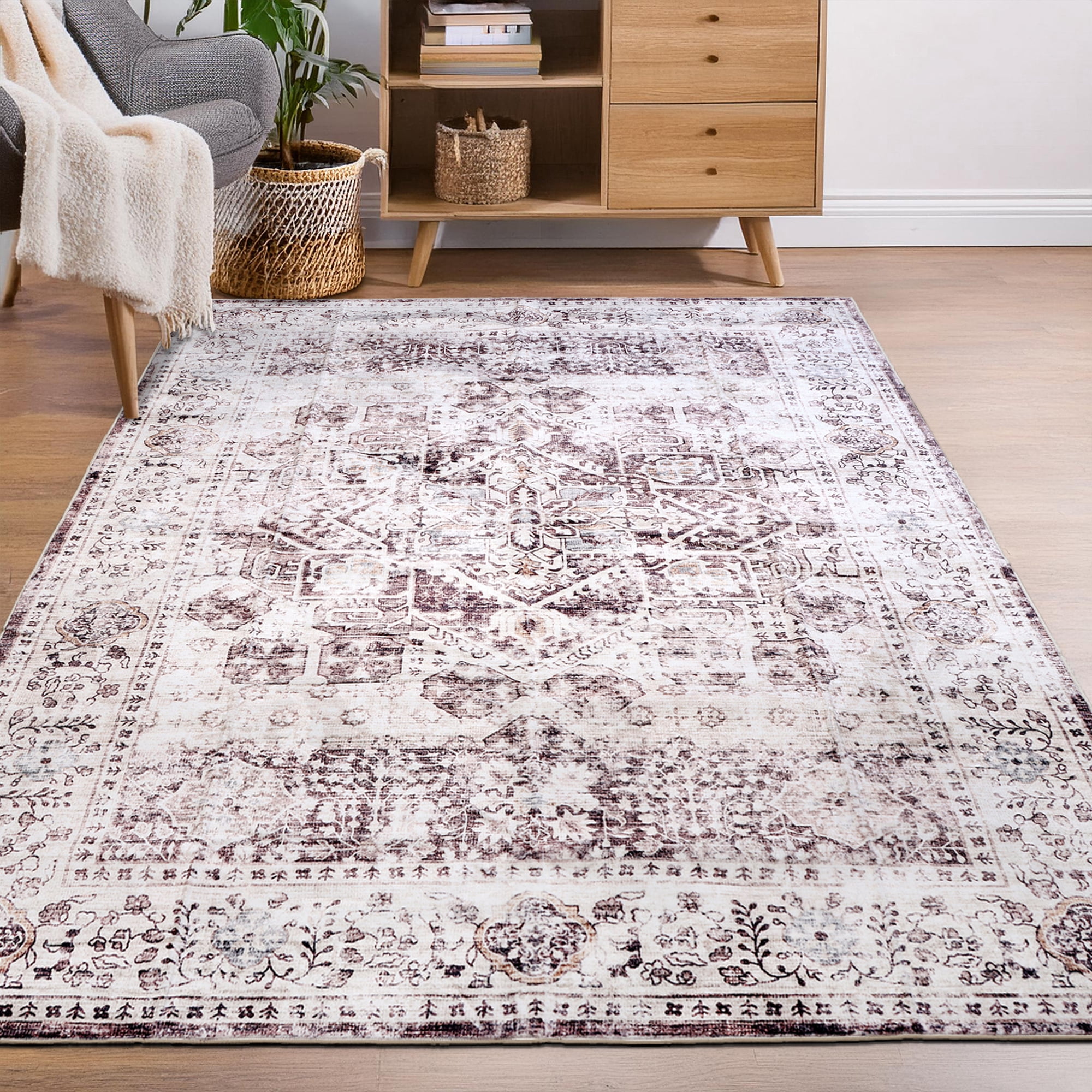 Delara 3'x5' Machine Washable Area Rug, Soft & Durable, Non-Slip, Stain Resistant, Vintage Cocoa, for Bedroom, Living & Dining Room