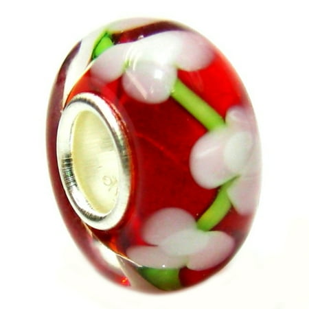 Flower Pandora Charm - Sterling Silver Red Flower European Style Glass Bead Charm Fits Pandora