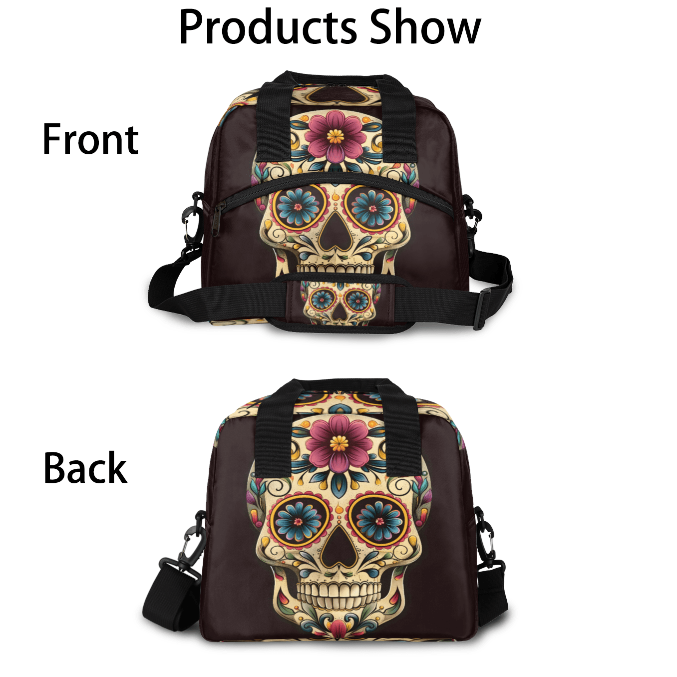 Herdesigns Day The Dead Skull Halloween Insulated Lunch Bag for Women Men Adults Large Reusable Lunch Box Leakproof Portable Cooler Tote Bags with Adjustable Shoulder Strap