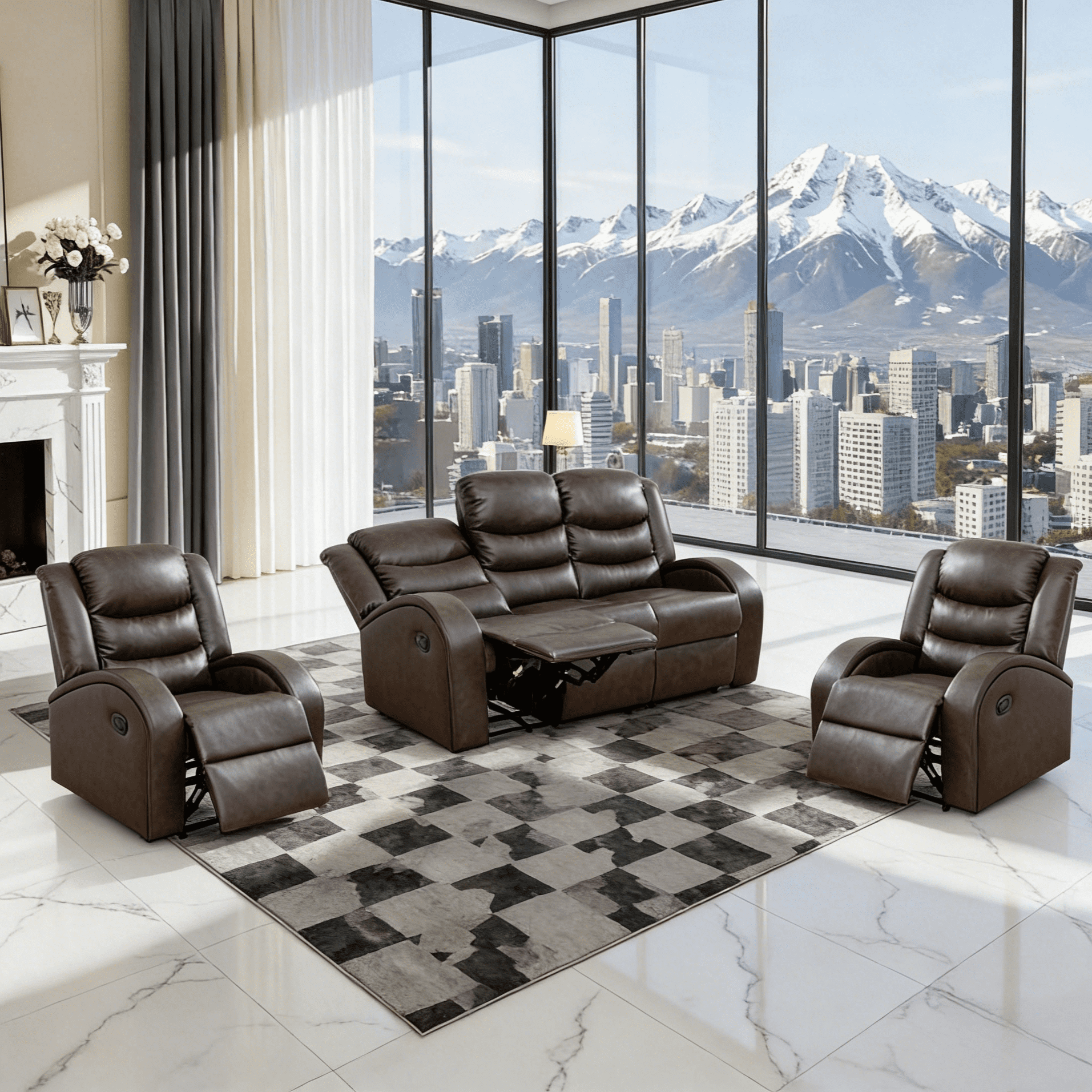 Gewnee 3-Seater Sofa with Two Recliners, Air Leather & High-Elastic Sponge, Adjustable Backrest, Modern Couch for Living Room, Brown