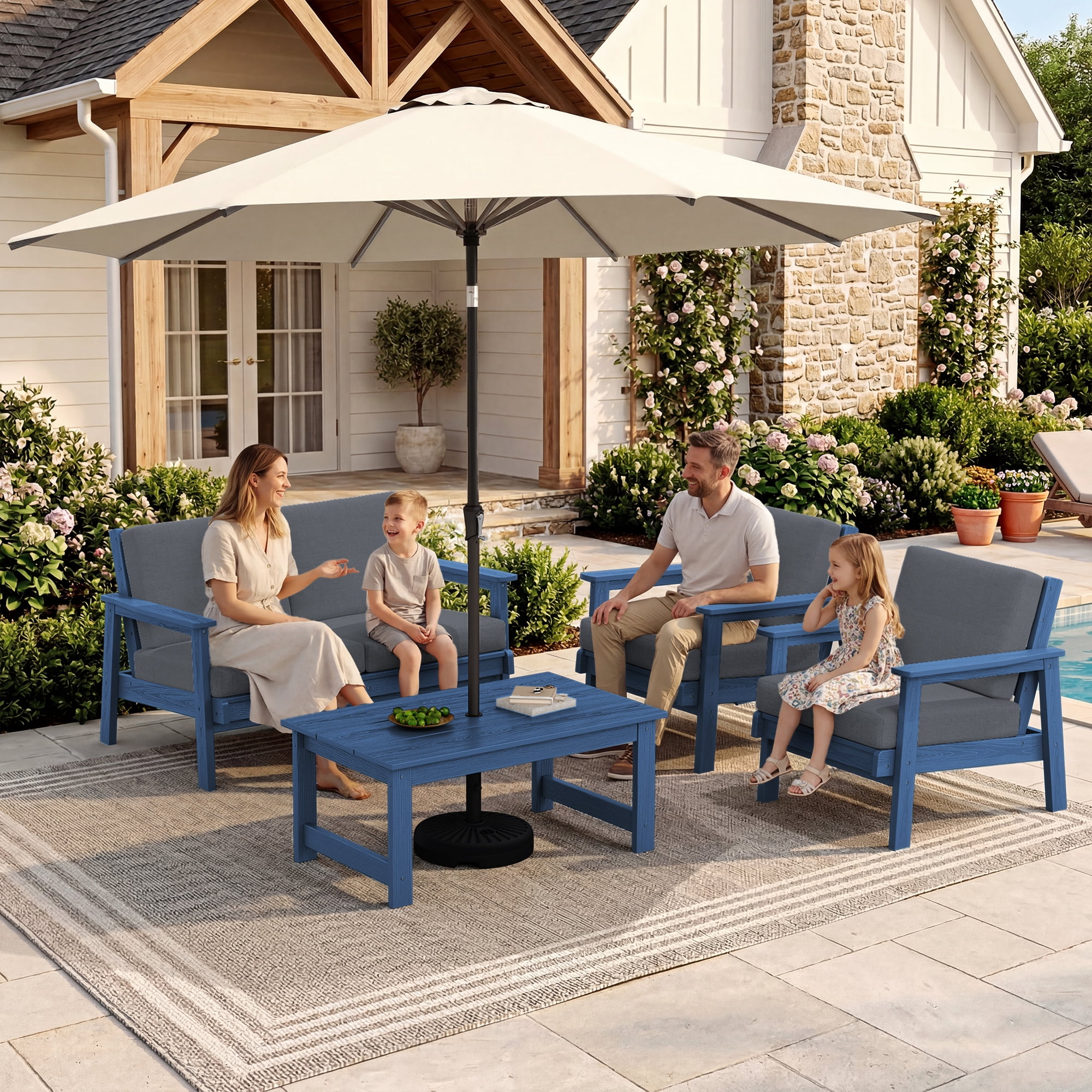 SERWALL 6 Pieces Outdoor HDPE Patio Furniture Set, Conversation Set with Cushions, 2 Armchairs & 1 Loveseat & 1 Coffee Table & 1 Umbrella for Poolside, Balcony, Porch & Backyard,Blue / Grey