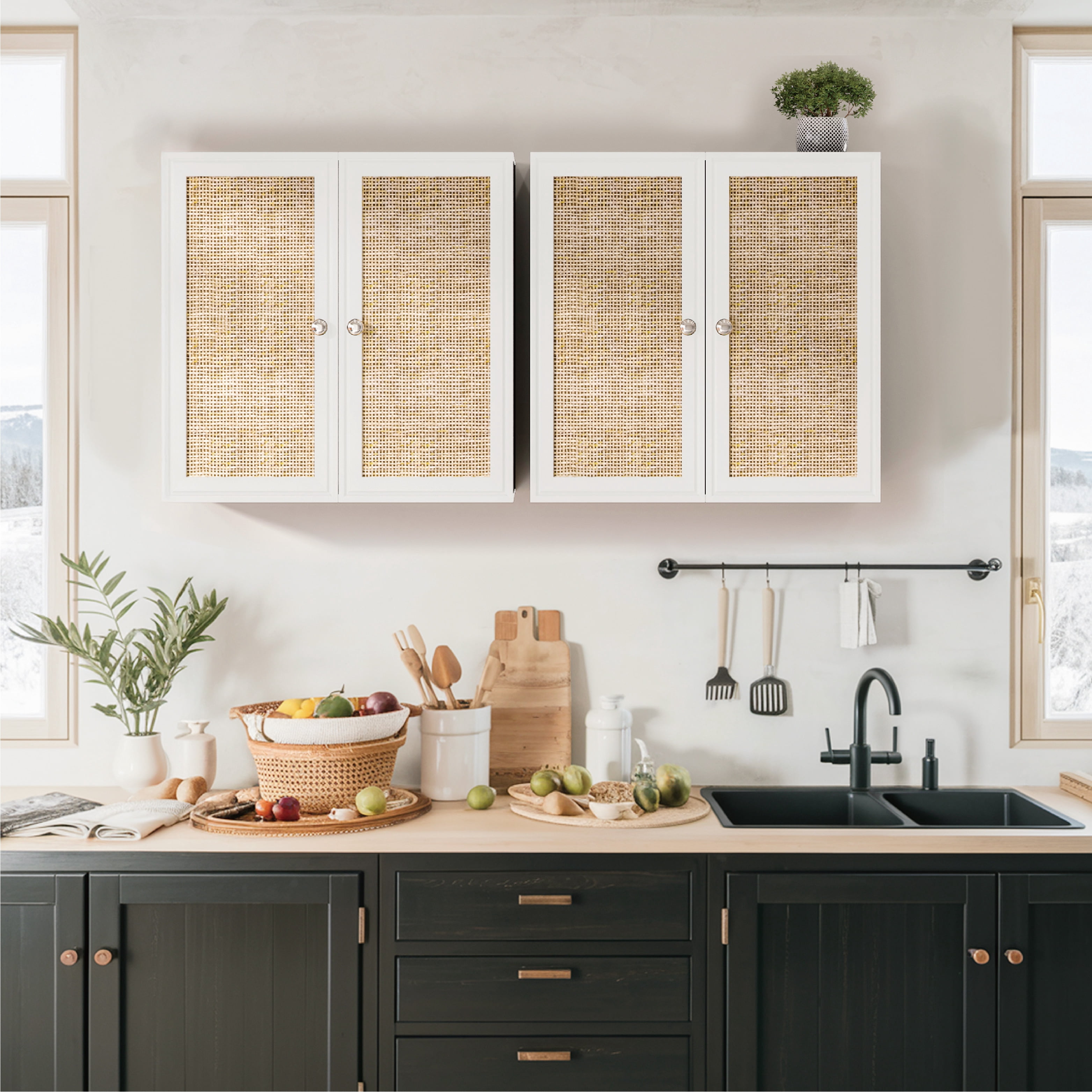 24"W Rattan Laundry Room Cabinets with Lights, Bathroom Cabinets Wall Mounted with Adjustable Shelves, Wall Cabinet for Bedroom/Kitchen/Bathroom (2PCS, White)