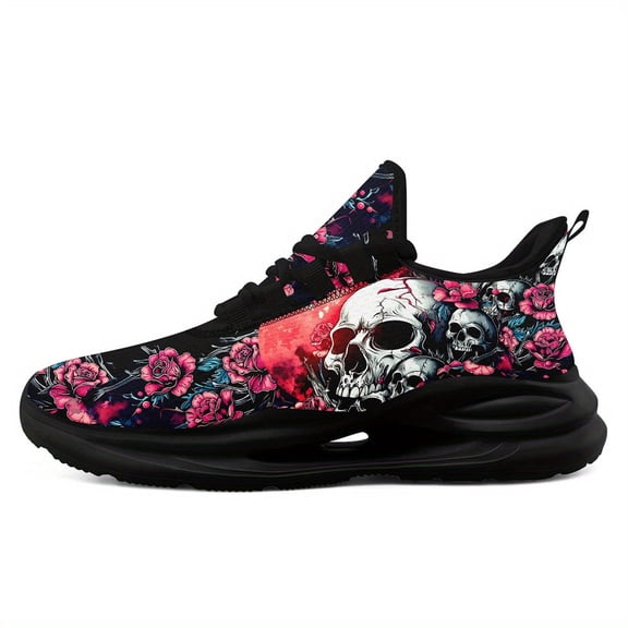 Coolcustomize Women's Gothic Skull And Floral Sneakers - Lightweight And Breathable Running And Training Shoes With Midsole Suspension Technology, Black And Pink Floral Design, Low-top Lace-up Shoes