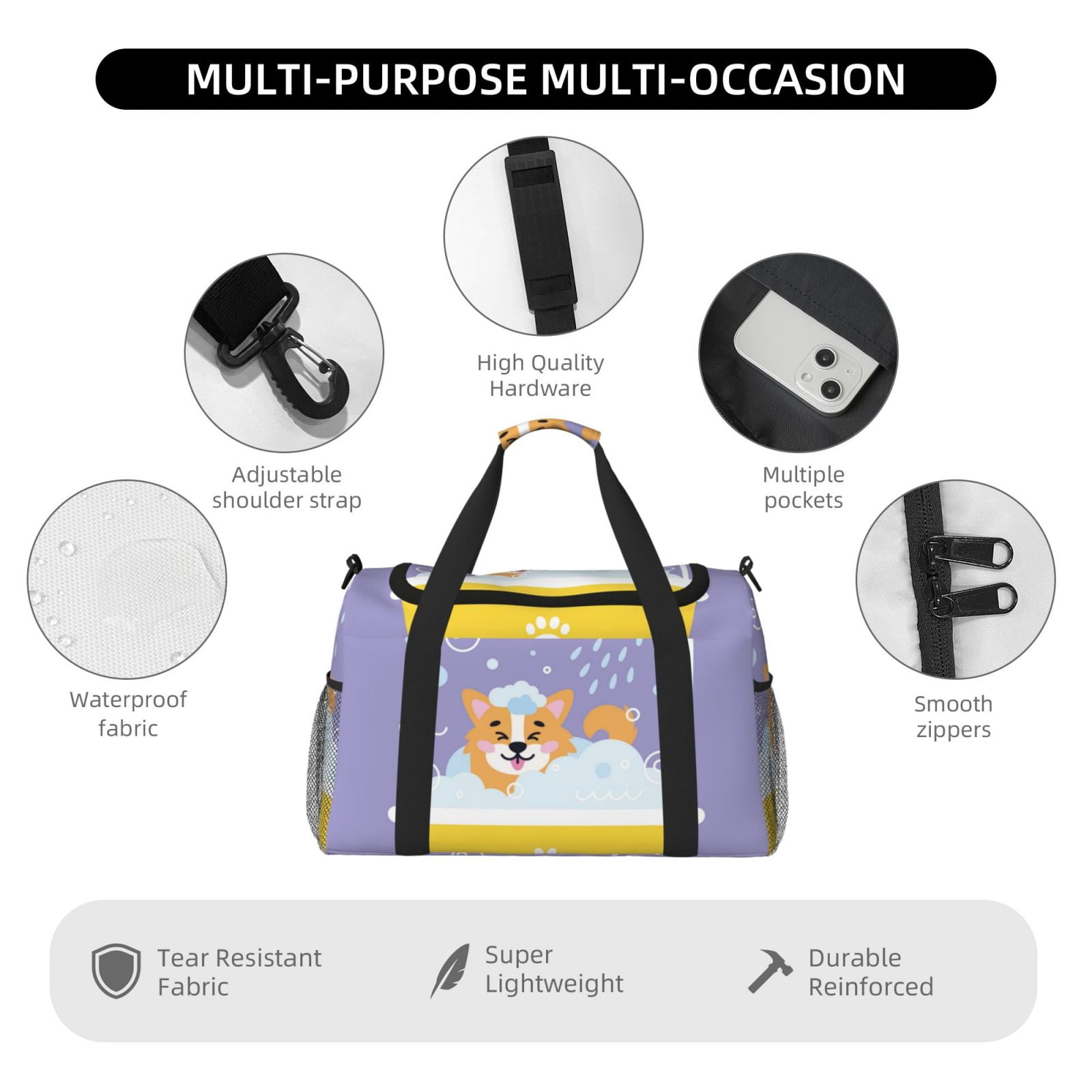 Fuzoiu Corgi Washing in Bathtub Print Travel Duffle Bag,Carry On Tote Bags,Duffel Bag,Sport Gym Bag, Hospital Bag for Labor and Delivery, Overnight Bag,Luggage Bag