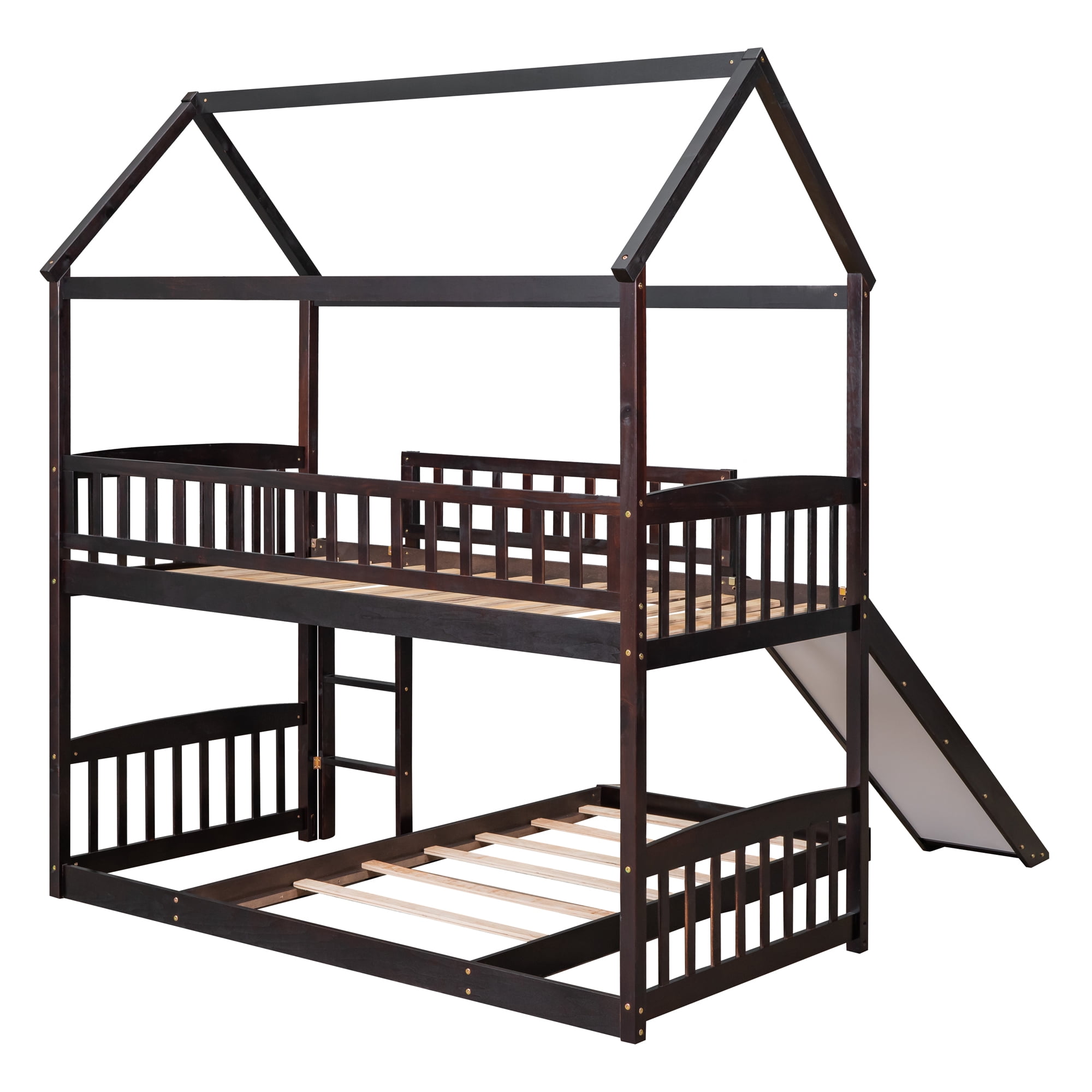 Aukfa Twin over Twin Bunk Bed with Slide, L-Shaped House Bunk Bed for Kids, Boys and Girls, Wooden - Espresso
