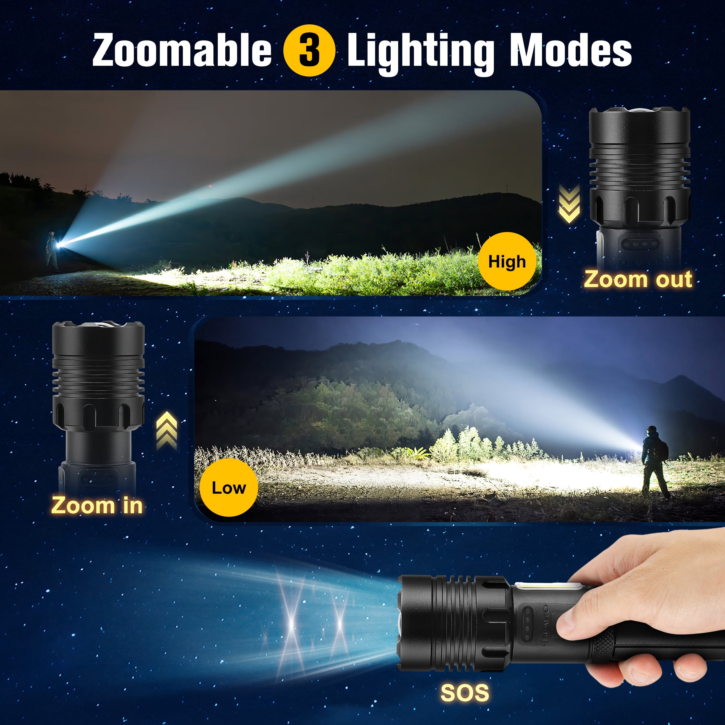 YTAKY Flashlight 4 Pack 100000 Lumens, Rechargeable Flashlight, XHP70.2 LED, 3000mAH, Waterproof, Zoomable Torch for Hiking Camping Powerful