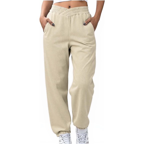 Hueook Women Pants Womens Wide Leg Sweatpants Women's Solid Color Casual ankle strap side pocket Legelastic Waist Pocket Sweatpants Khaki 2X