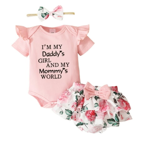 

Newborn Baby Girls Clothes 3 Months Girls 3PCS Summer Outfit Letter Print Newborn Girl Short Sleeve Top Shorts Headband Set Pink