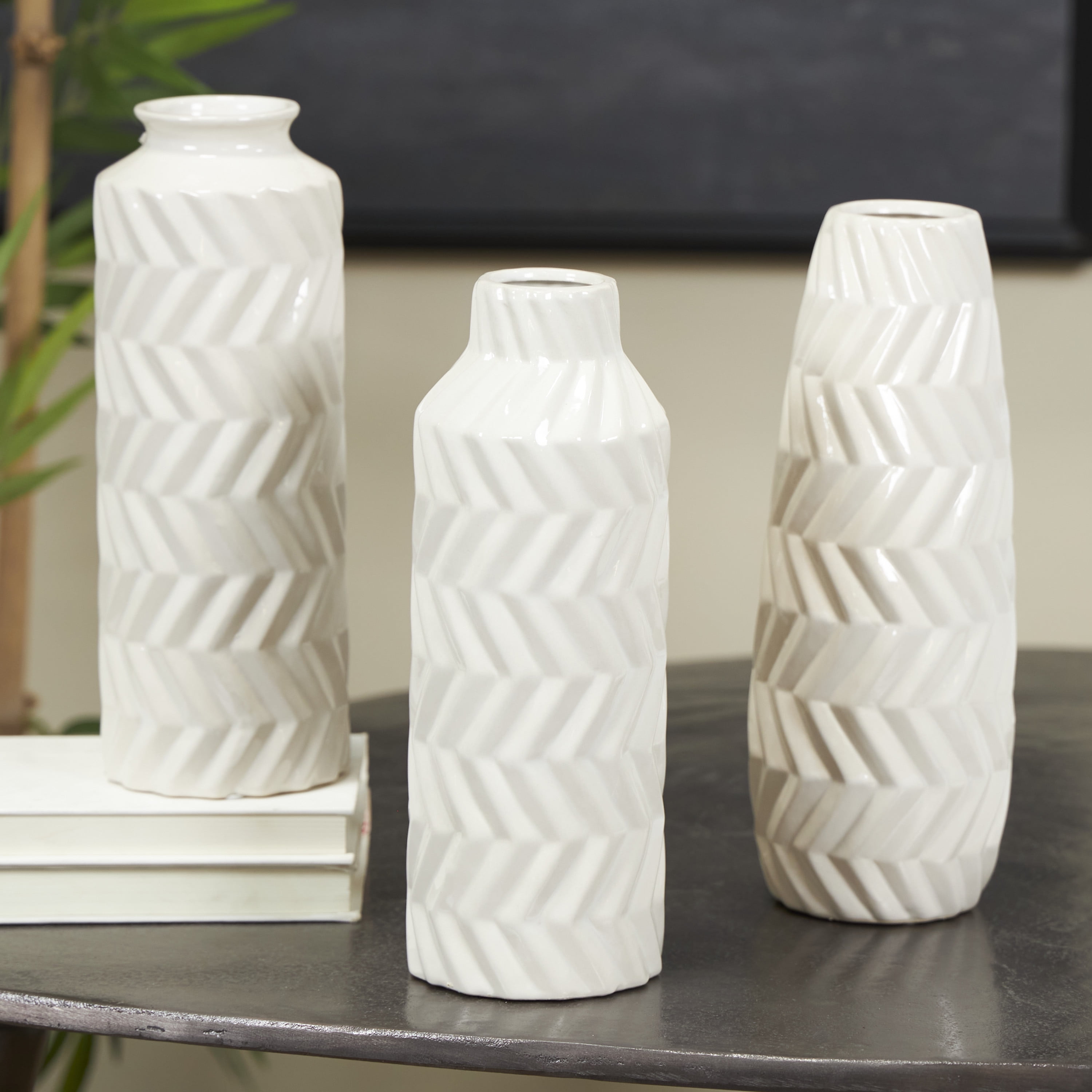 DecMode 4"W, 11"H Dimensional Chevron Textured White Ceramic Vase with Varying Shapes, Set of 3
