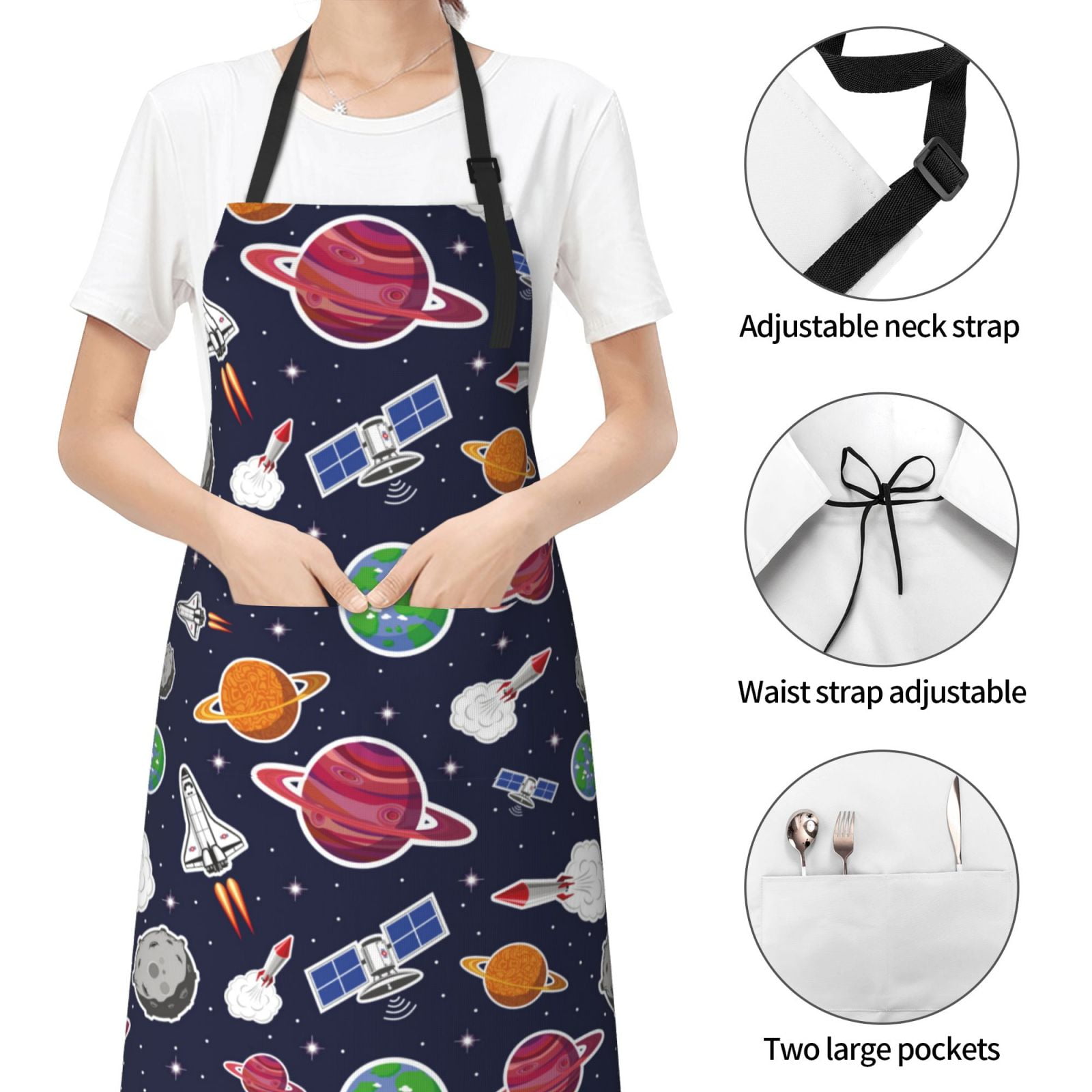 Kdxio Rocket Satellite Apron with Pockets Adjustable Kitchen Aprons for Men Women Waterproof Aprons for Cooking,Drawing,Crafting, Baking Household Cleaning