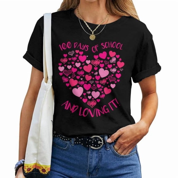 100 Days of School and Still Loving It Hearts Graphic Tee Women Adult Cotton 100th Day Teacher Classroom Celebration Gift, Size L, Color Black
