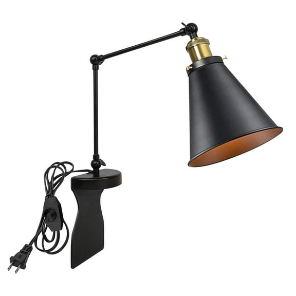 Kiven Headboard Reading Light, Dimmable LED Book Reading Lamp, Industrial Nightstand Lamp with Adjustable Swing Arm, 8.2ft Cord for Reading Bedside Side Table Desk, Black&Gold