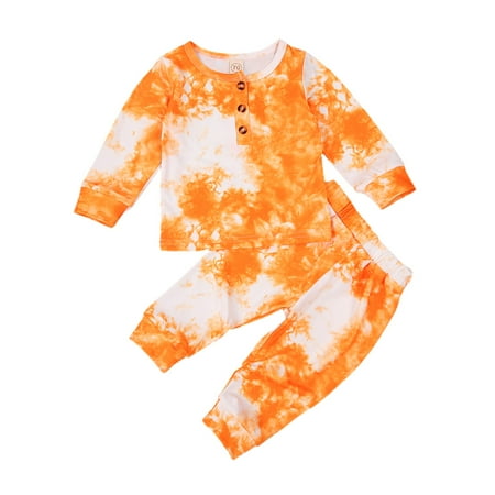 

New Born Boy and Girl Tie-dyed Clothes Set 2-piece Baby Warm Clothing Long Sleeve Button Top Long Pants Suits