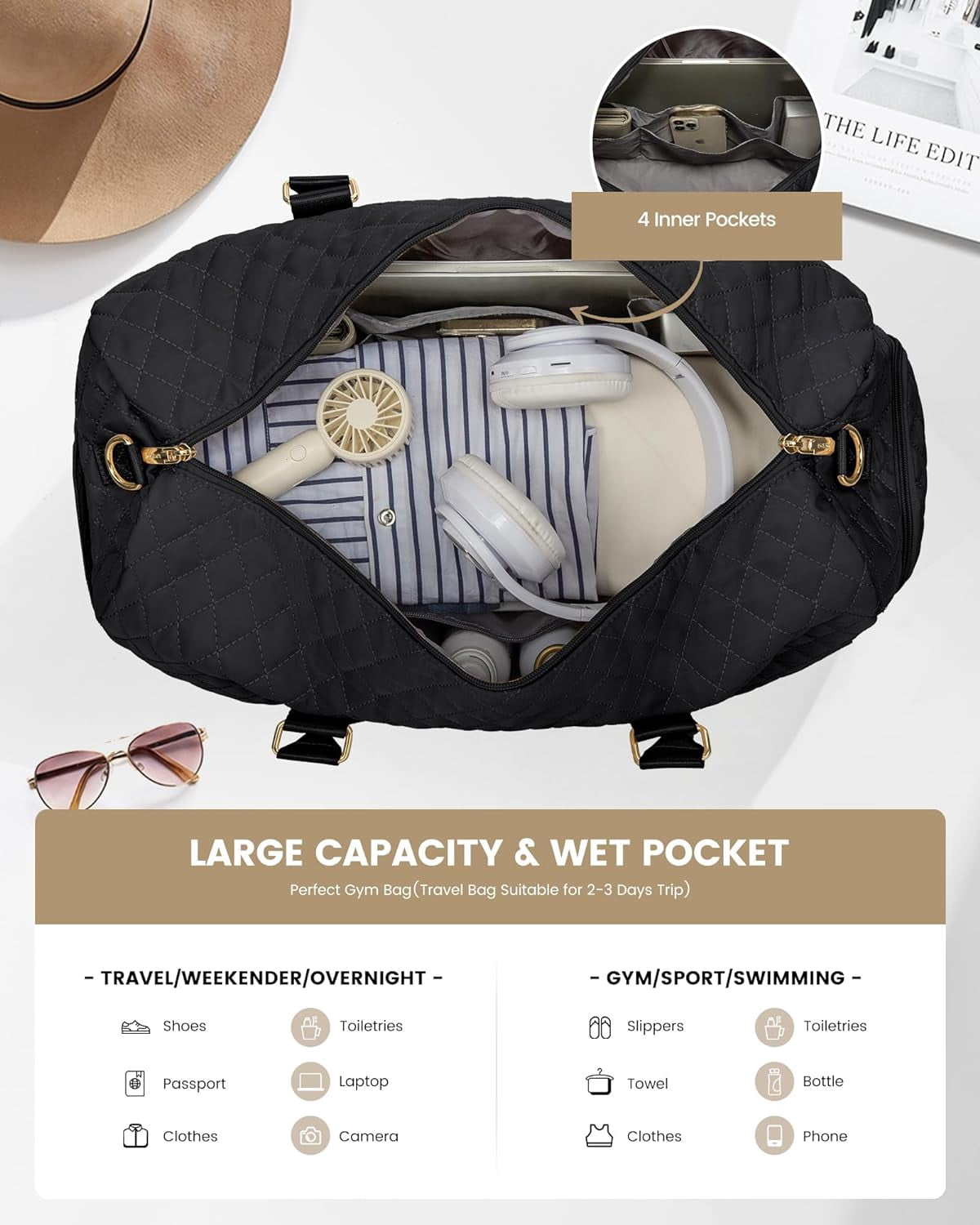 Travel Duffle Bag, Weekender Bag for Women with Toiletry Bag, Carry on Overnight Bag with Shoe Compartment, Gym Duffel Bag with Wet Pocket, Mommy Hospital Bags for Labor and Delivery