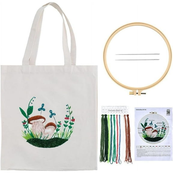 Canvas Tote Bag Embroidery Kit with Mushroom Pattern Colorful Threads Needle Hoops Instructions for DIY Craft Colorful