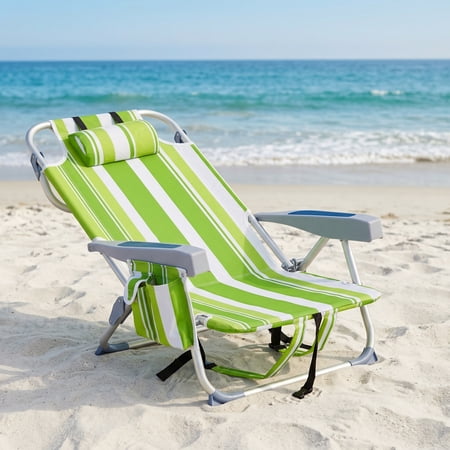 Adjustable 5-Position Lightweight Beach Chair with Aluminum Frame and Storage Green Stripes