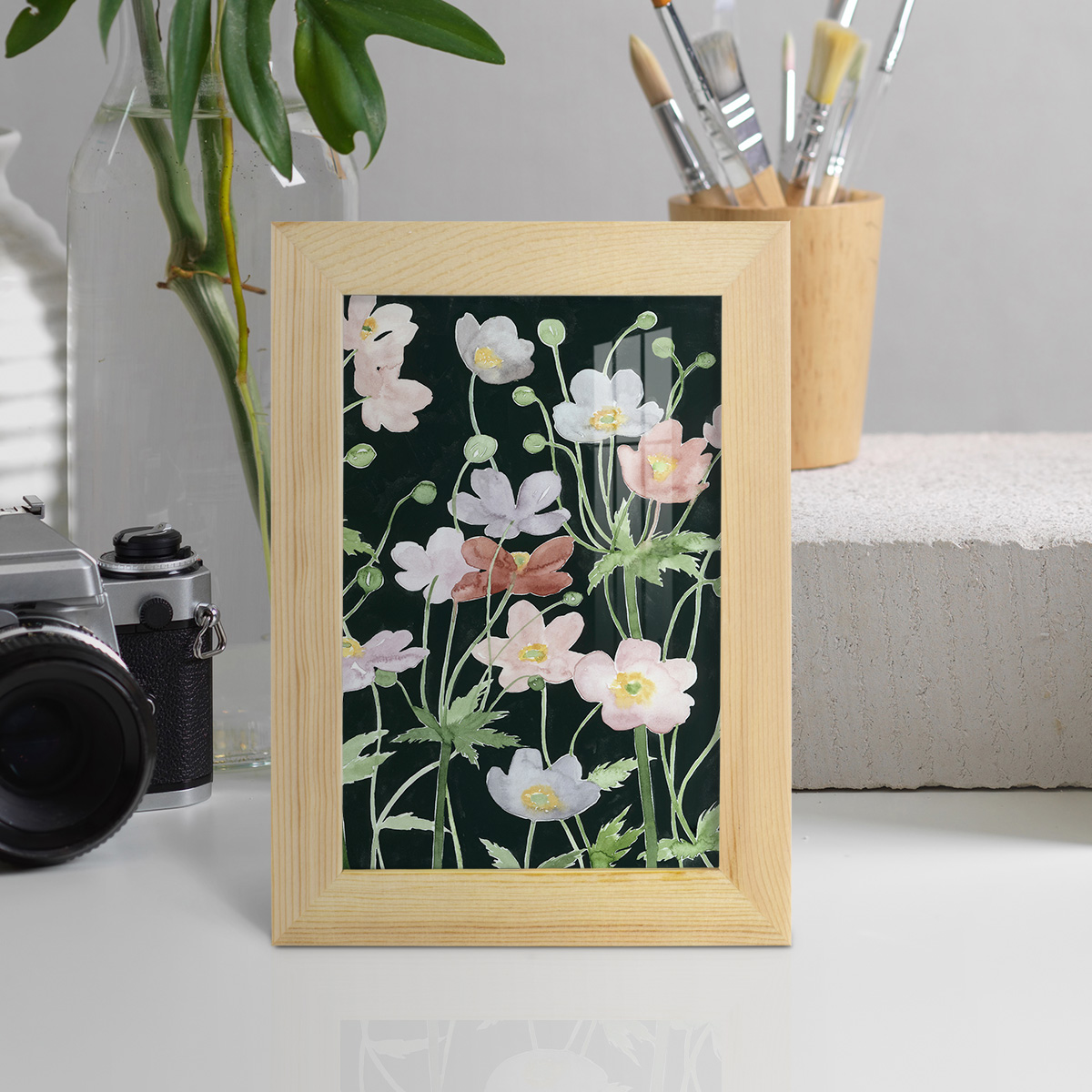 Anemone Dance II -Framed Print w/glass-Natural Wood