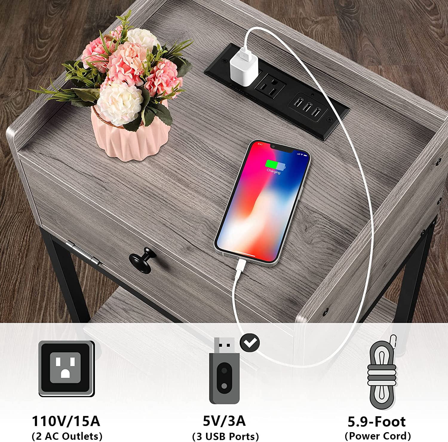 Wood Side Table with Charging Station Nightstand End Table with Storage Drawer, Gray