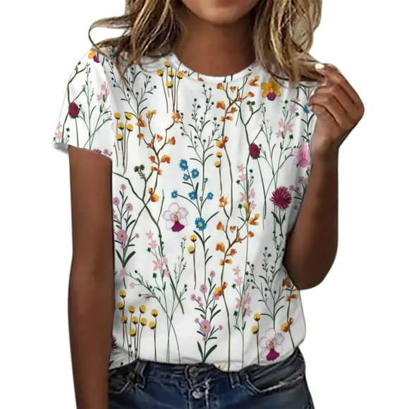 Kcodviy Summer Womens Short Sleeve Long Sleeve Undershirt for Women Crew Neck Flower Printed Compression Shirt Woman Top T Shirts Casual Ladies Shirt Long Sleeve Shirts Tee