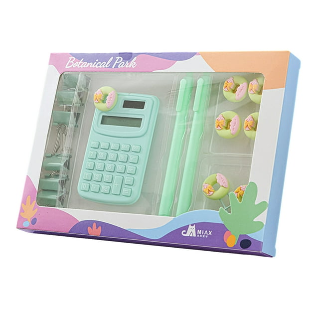 Graflsoa Eco-Friendly Office Kit: 7 Binder Clips, Calculator, 2 Pens, 4 Pushpins, 2 Bookmarks - Green with Button Battery