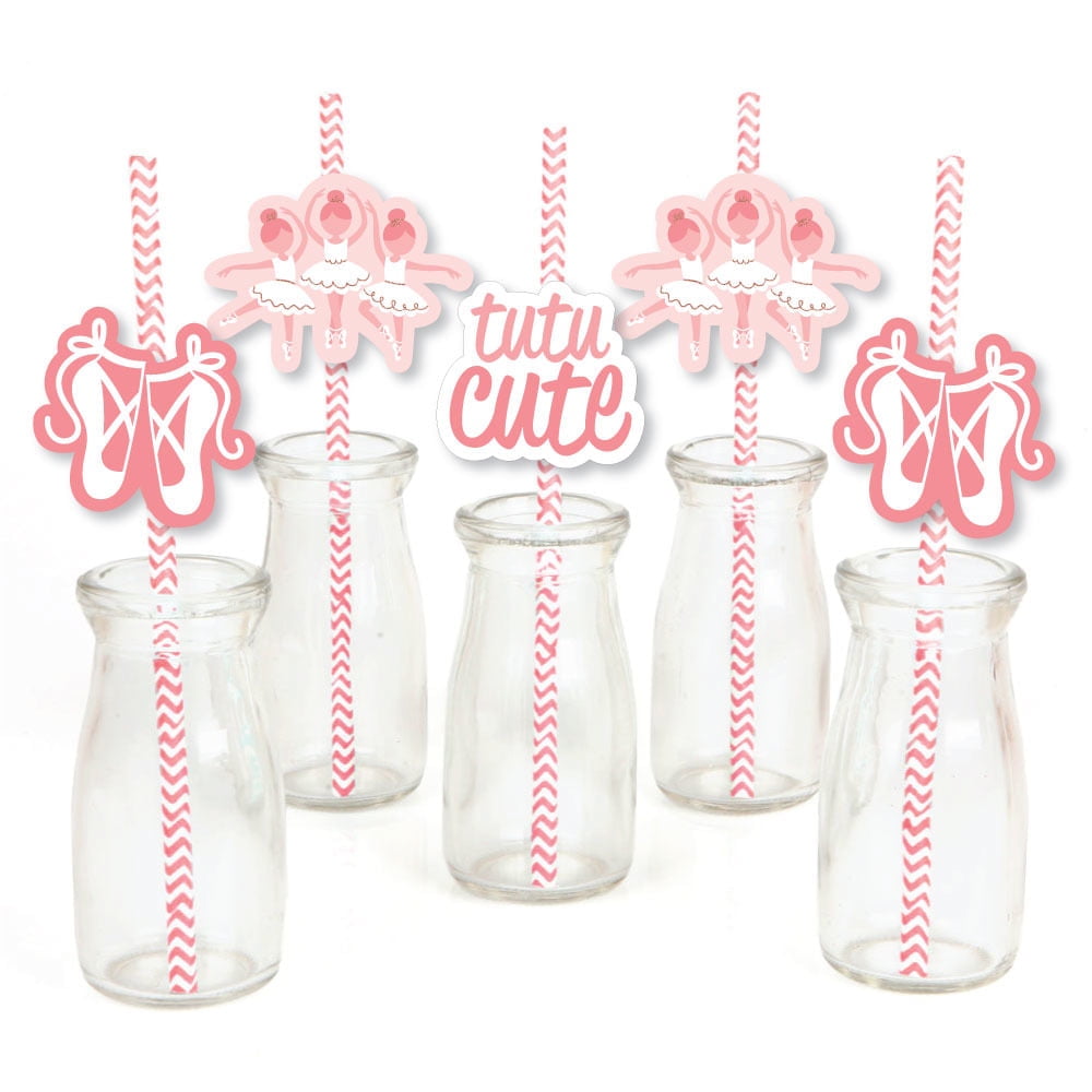 Tutu Cute Ballerina - Paper Straw Decor - Ballet Birthday Party or Baby Shower Striped Decorative Straws - Set of 24