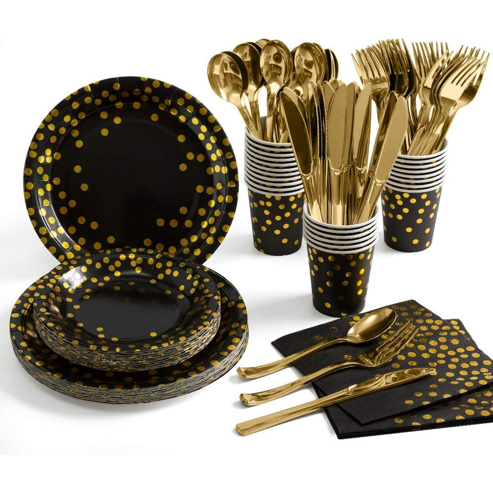 Black and Gold Party Supplies 175 Pieces Golden Dot Disposable Party